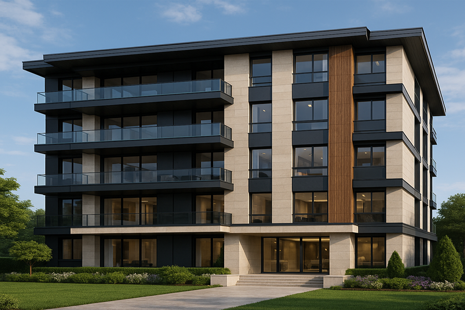 Modern mimari tasarıma sahip, cam balkonlu ve ahşap detaylı apartman binası dış cephesi yeditaş mimarlık edit