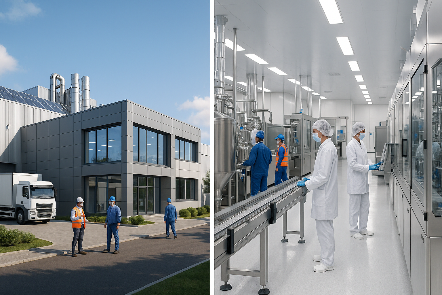 Modern cepheli endüstriyel tesis binası ve üretim hattında çalışan personel yeditaş mimarlık