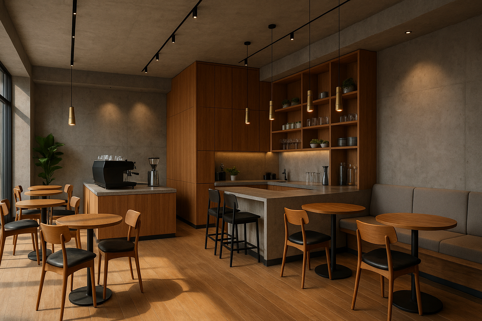 Ahşap mobilyalar ve modern aydınlatmalarla tasarlanmış minimalist kafe iç mekanı yeditaş mimarlık