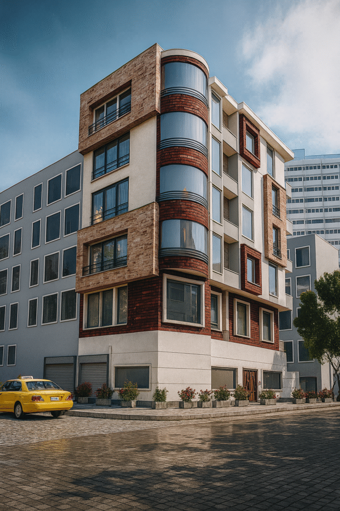 modern apartman cephe tasarımı kavisli cam cephe ve taş tuğla detayları yedi taş mimarlık