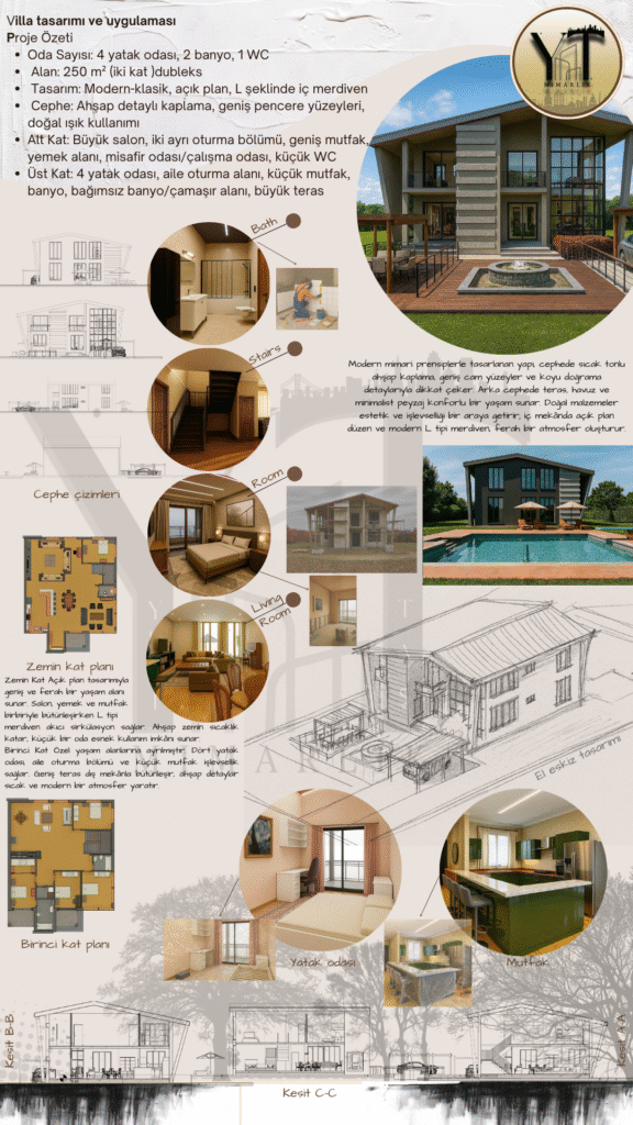 modern klasik villa tasarımı ahşap detaylı 3d render ve mimari Çizimler doğa konağı yeditaş mimarlık