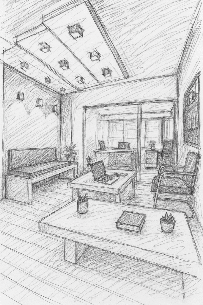 modern ofis İç mekan eskizi minimalist mimari el Çizimi yeditaş mimarlık