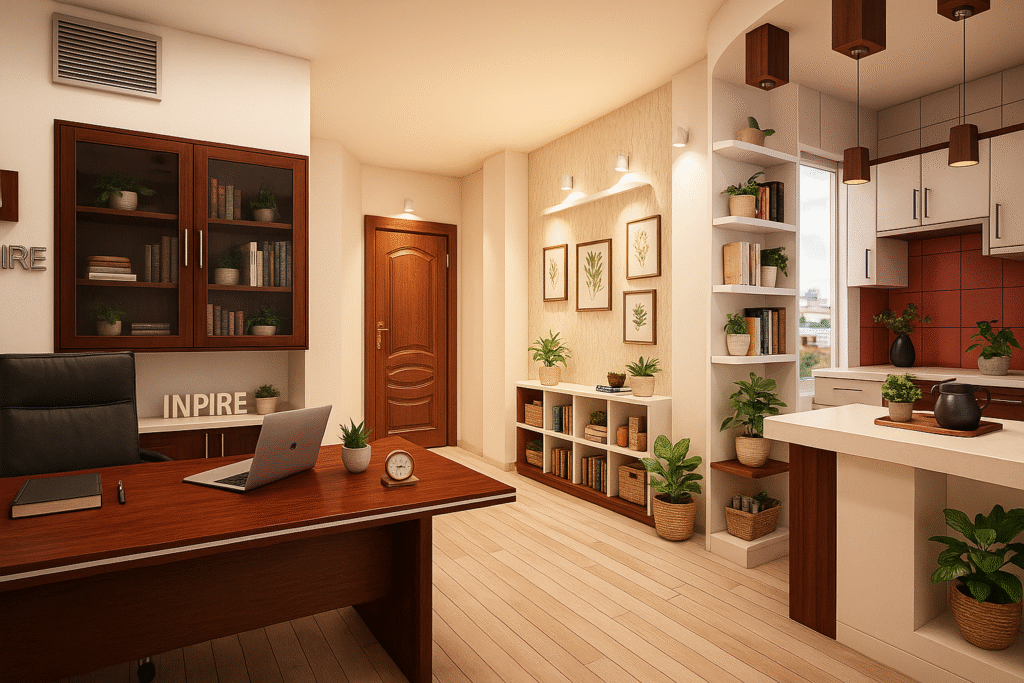 modern ofis tasarımı sıcak ahşap detaylı yönetici odası İç mimari renderı yeditaş mimarlık