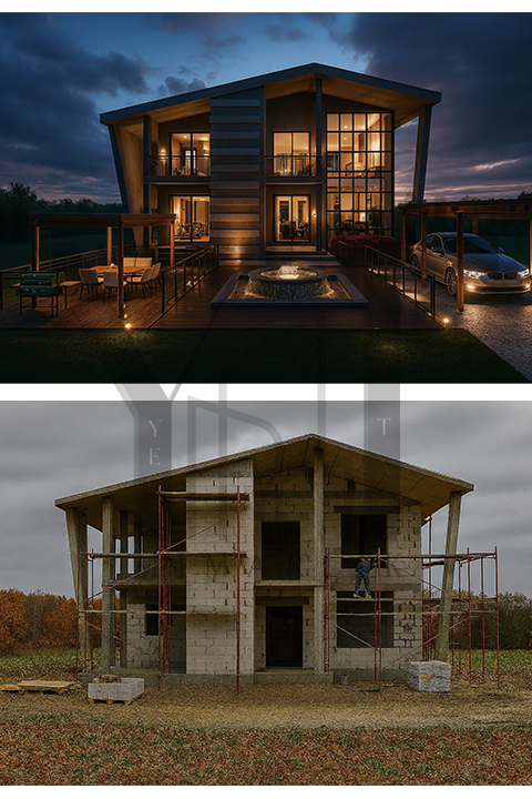 modern villa projesi İnşaat süreci ve gece render görselleştirmesi yeditaş mimarlık