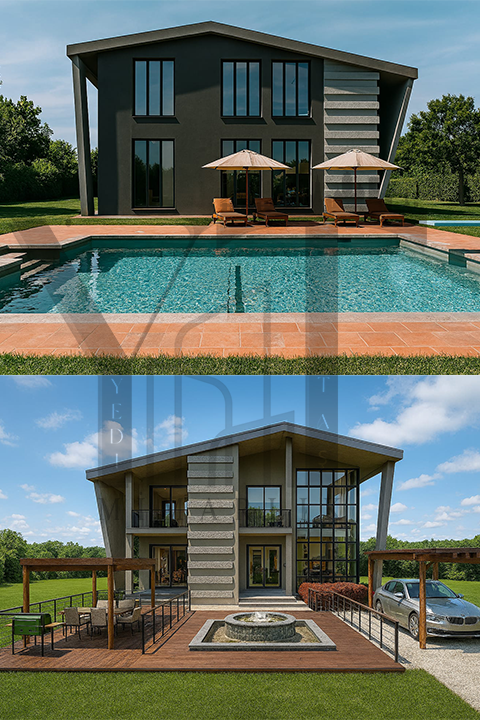 modern villa tasarımı havuzlu ve peyzajlı dış mekan 3d renderı yeditaş mimarlık