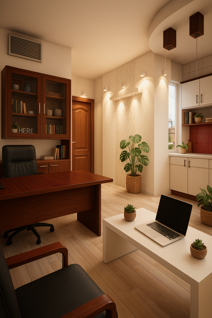 modern yönetici ofisi tasarımı ahşap ve beyaz minimalist İç mekan renderı yeditaş mimarlık