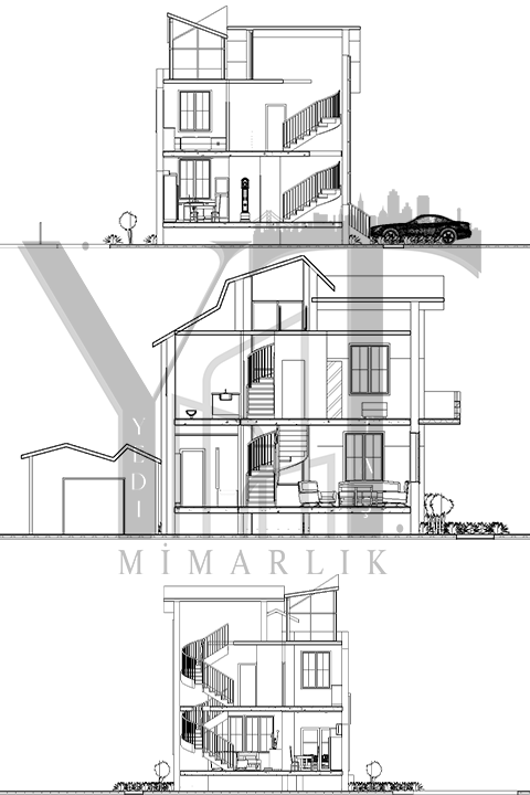 modern villa tasarımı, kesitler çizimleri– yeditaş mimarlık
