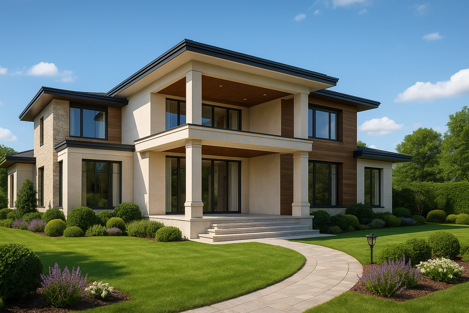 Doğal taş ve ahşap detaylara sahip modern iki katlı villa dış cephesi ve peyzaj düzenlemesi yeditaş mimarlık