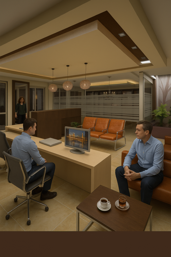 yedi tas mimarlik modern ofis resepsiyon tasarımı Çalışma masalı, bekleme koltuklu cam bölmeli İç mekan