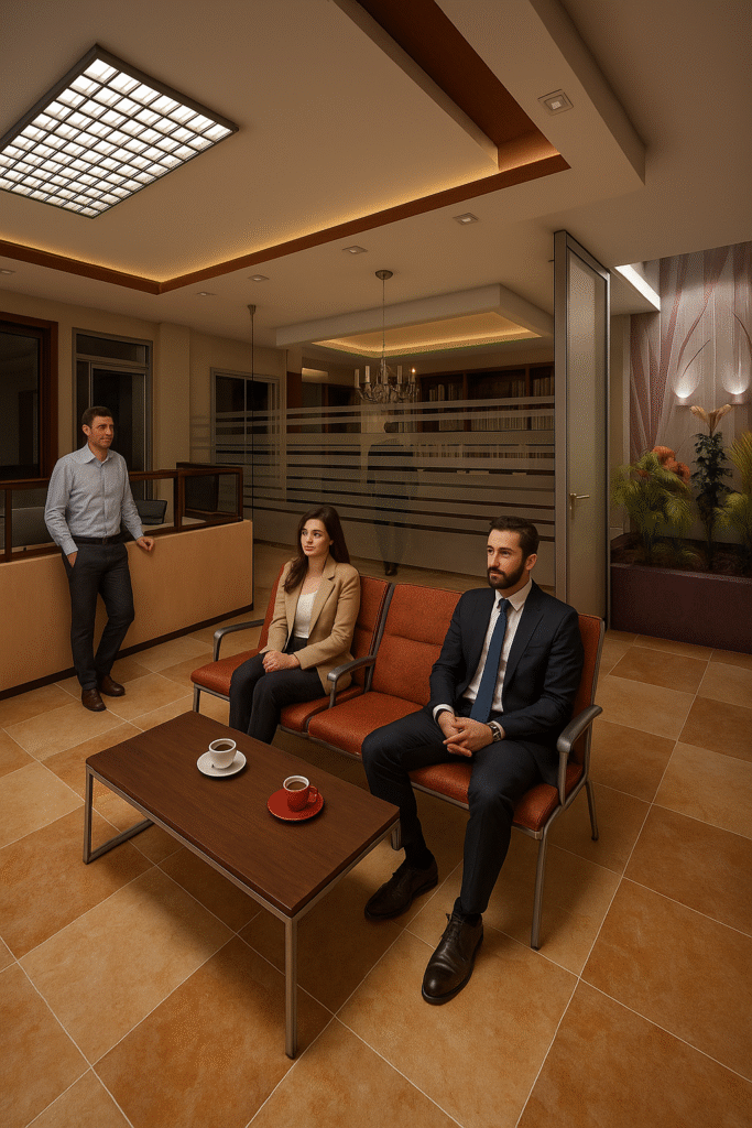 yedi tas mimarlik ofis bekleme alanı tasarımı modern mobilya ve cam bölmeli sıcak mekan