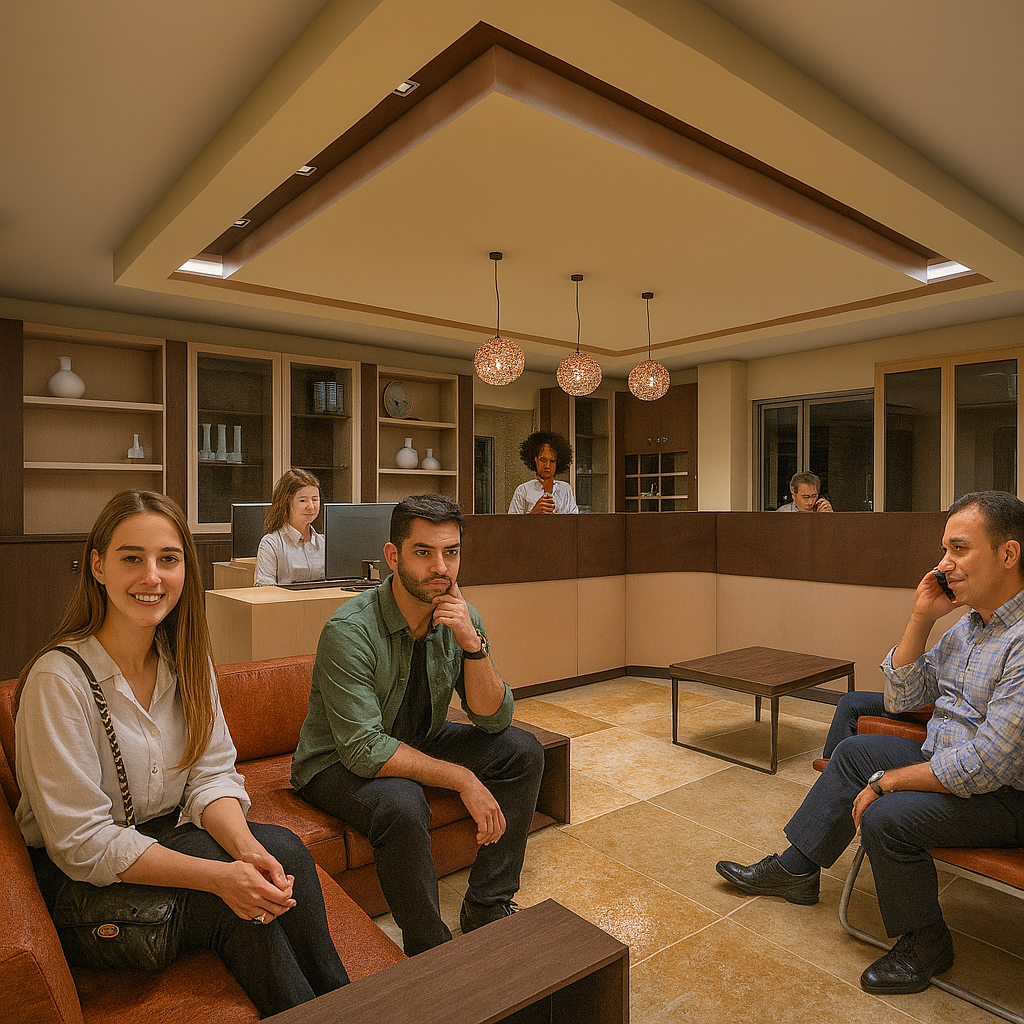 yedi tas mimarlik ofis resepsiyon ve bekleme alanı tasarımı l bankolu modern ve sıcak İç mekan