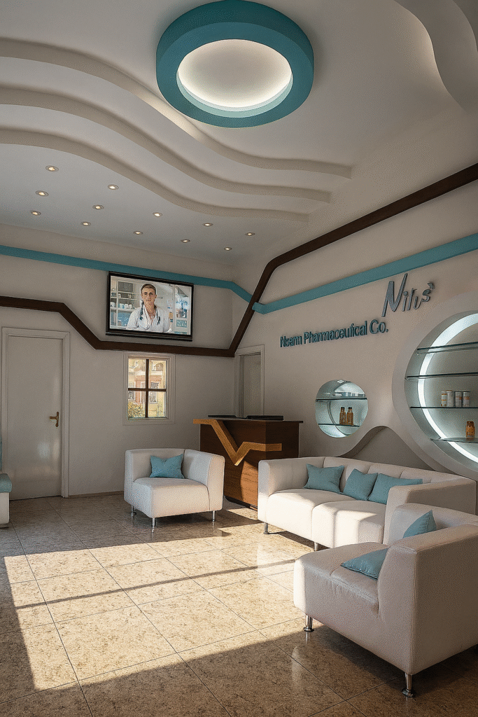 yeditaş mimarlık modern klinik bekleme alanı tasarımı dalgalı tavan, aydınlatma ve Şık mobilyalar