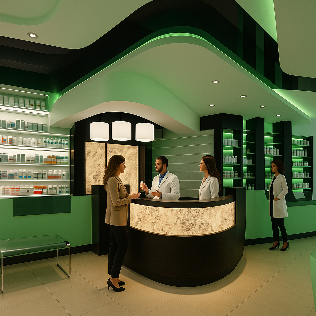 yeditaş mimarlık ile modern eczane İç mekan tasarımı yeşil işıklandırmalı fonksiyonel raf sistemleriyle