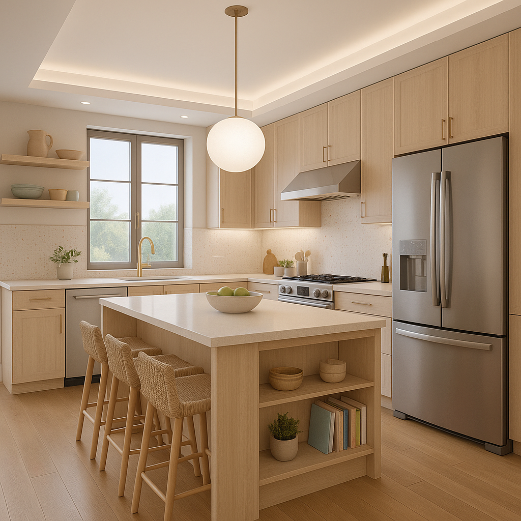 açık renk ahşap dolaplı şık mutfak dekorasyonu yeditaş mimarlık