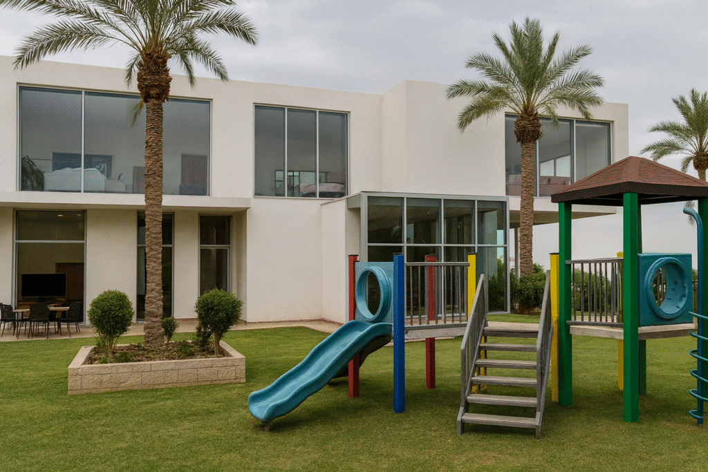 bahçeli modern villa tasarımı ve Çocuk oyun alanı yedi taş mimarlık