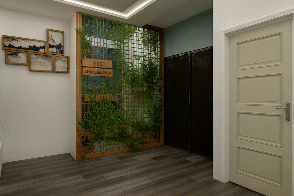 giriş tasarımı doğal bitki duvarıyla modern karşılama alanı