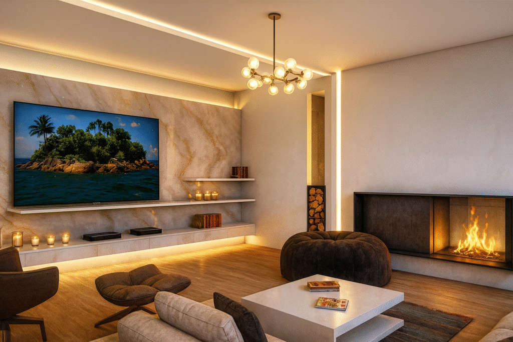 lüks iç mekan tv ünitesi ve doğal mermer duvar yeditaş mimarlık