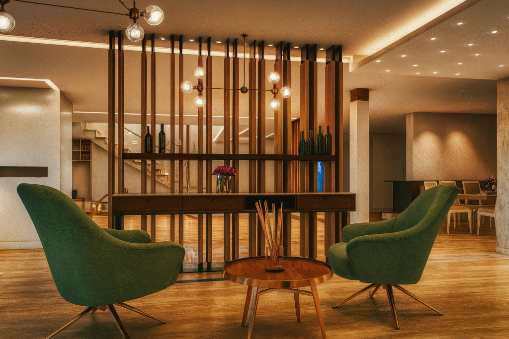 lüks iç mekan yeşil berjer ve ahşap detaylar yeditaş mimarlık