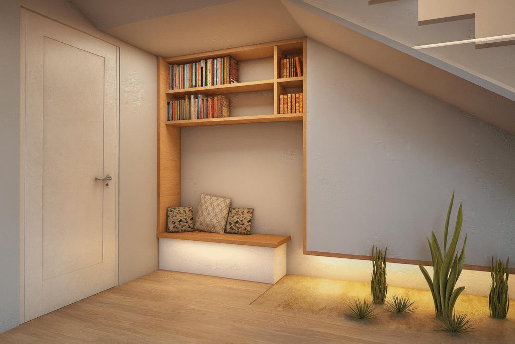 merdiven altı kitaplık ve okuma köşesi tasarımı yeditaş mimarlık