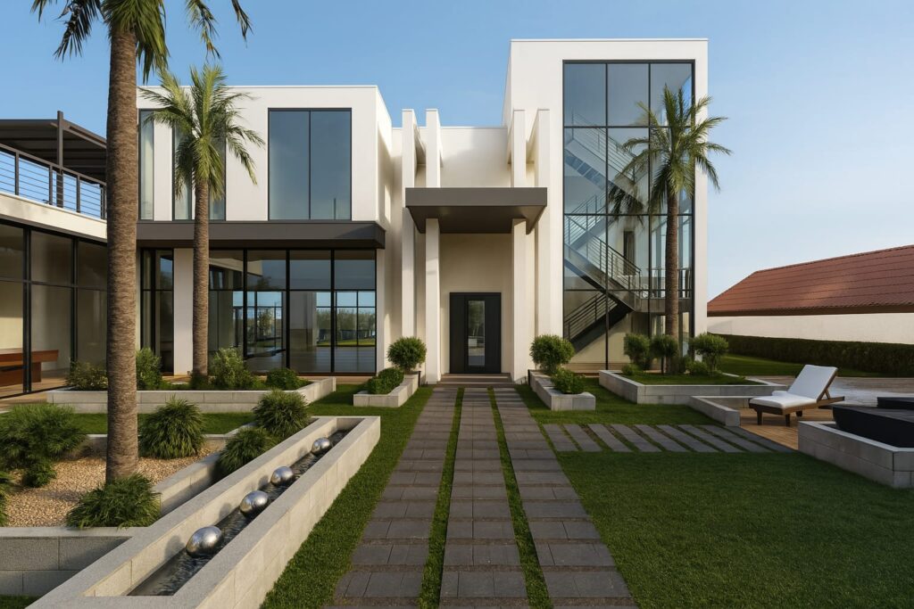 modern lüks villa tasarımı geniş cam cepheli ve peyzajlı giriş yeditaş mimarlık