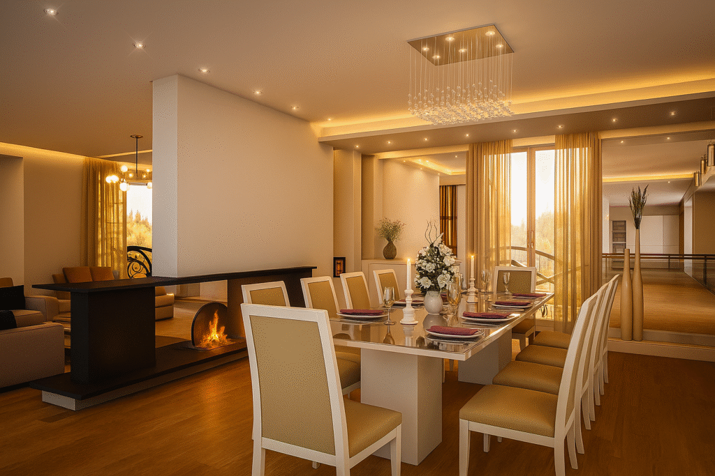 modern lüks yemek odası ve Şömineli salon tasarımı yeditaş mimarlık