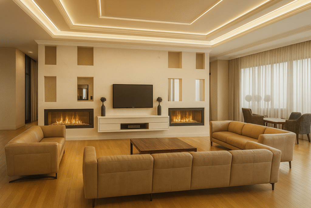 modern oturma odası tasarımı ve Şömineli salon yedi taş mimarlık