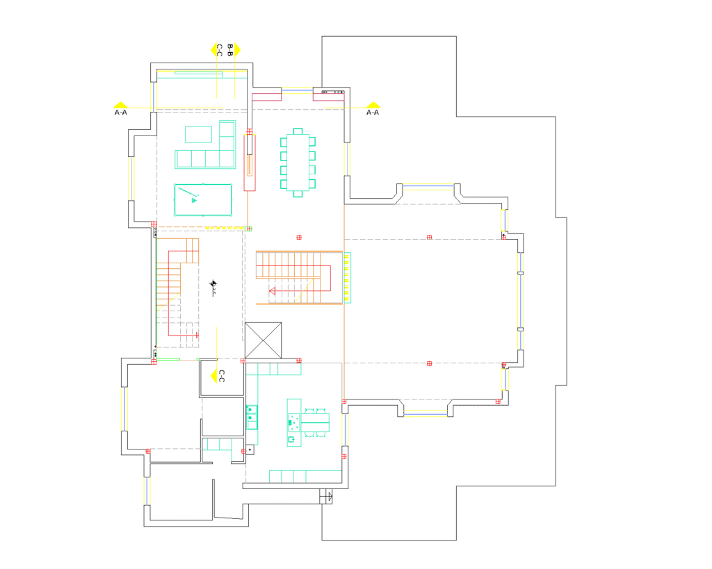 modern villa zemin kat planı salon, mutfak ve yemek alanı düzeni yeditaş mimarlık