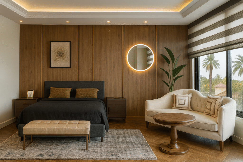 yedi taş mimarlıktan ahşap panelli modern yatak odası tasarımı sıcak ve Şık detaylarla konforlu