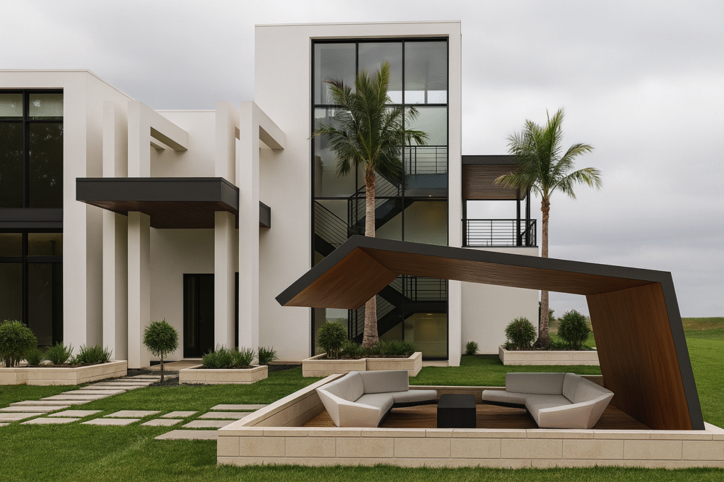 yedi taş mimarlıktan geometrik hatlarla modern villa ve bahçe oturma alanı tasarımı