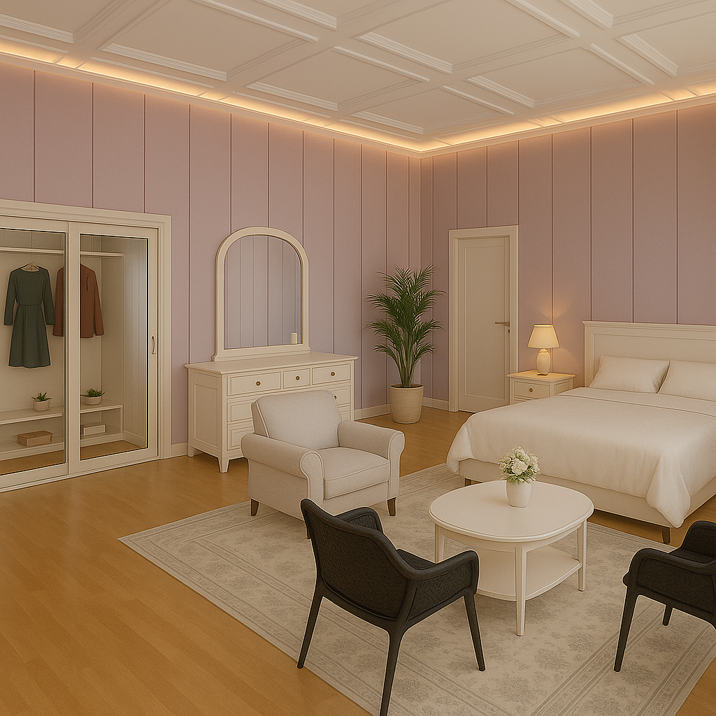 yedi taş mimarlıktan pudra ve lila tonlarında modern klasik yatak odası tasarımı