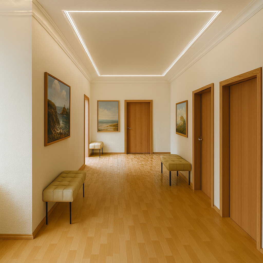 yedi taş mimarlıktan sanatsal dokunuşlarla aydınlık koridor tasarımı ahşap ve modern işık uyumu