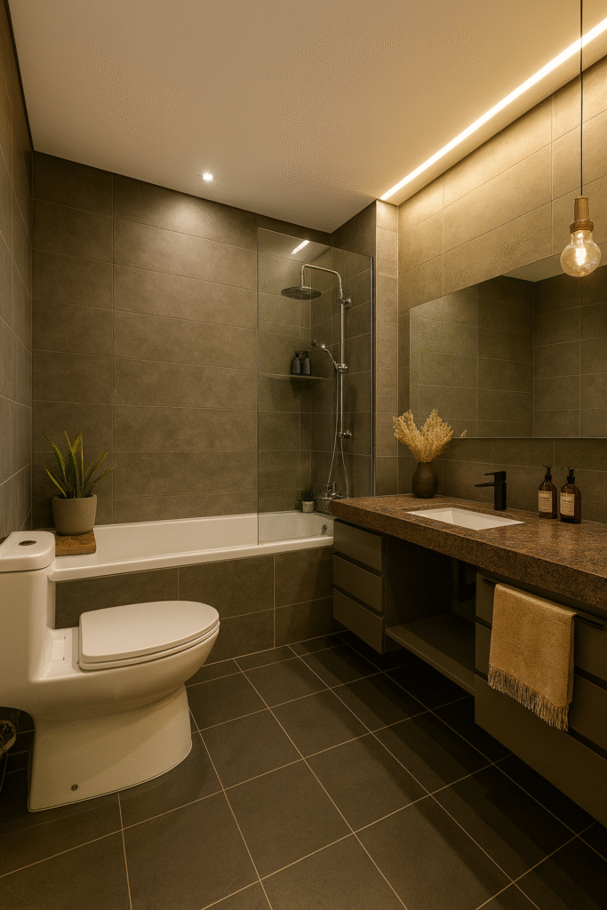 yedi taş mimarlıktan sıcak aydınlatmalı modern banyo tasarımı doğal tonlar ve fonksiyonel alanlar